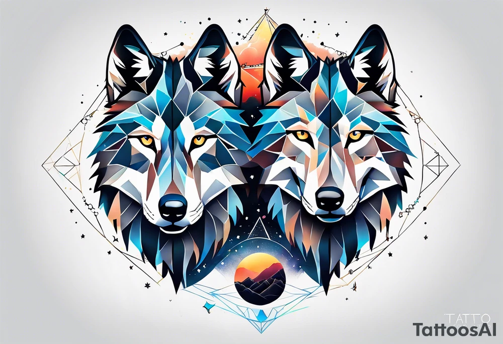 Constellation, two animal wolf, géométric tattoo idea