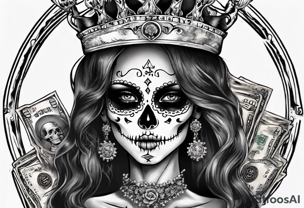 santa la muerta with money and crown
on the card tattoo idea