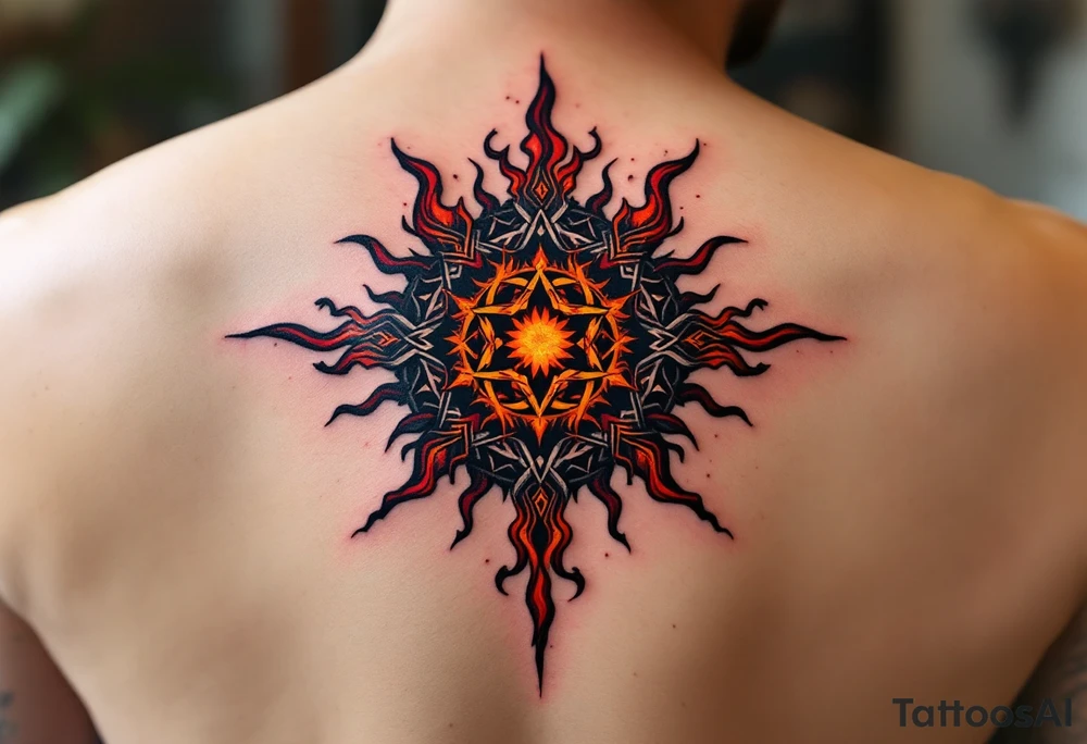 This fiery tattoo bursts with maroon, black, and ochre, its Celtic sun pattern burning like a ritual flame. tattoo idea