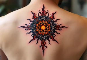 This fiery tattoo bursts with maroon, black, and ochre, its Celtic sun pattern burning like a ritual flame. tattoo idea