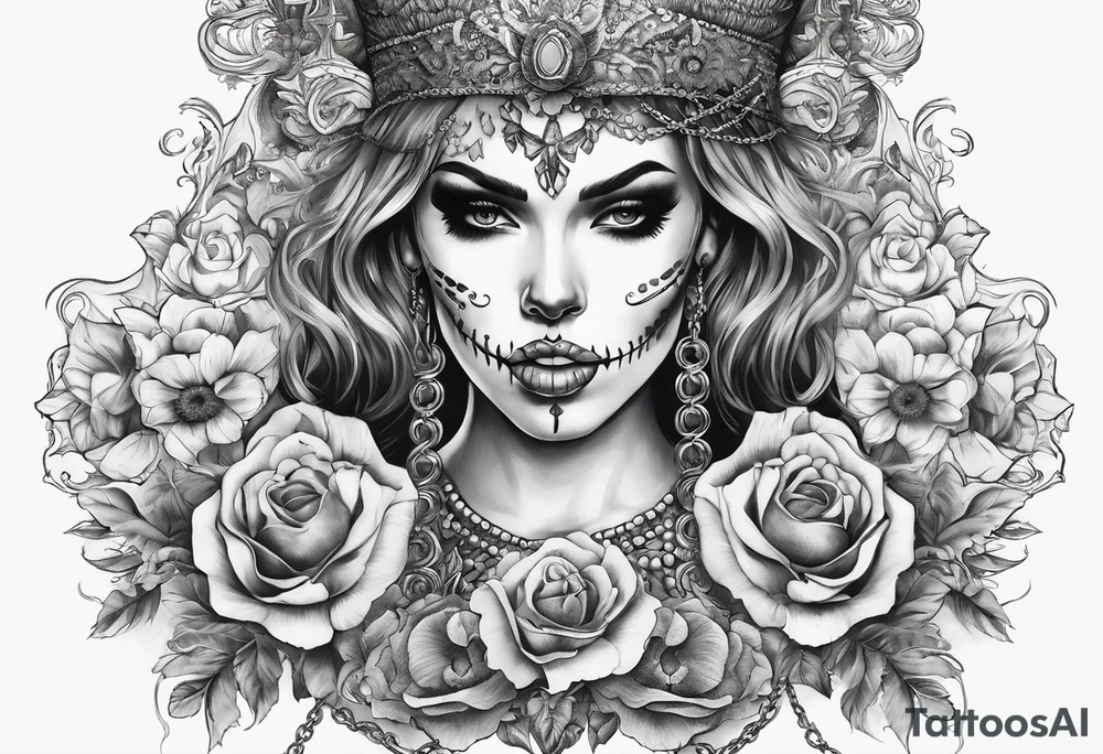 Draw me a Lady like skull with smoke out of his mouth add some flowers underneath with some ornamentals and Chains under it tattoo idea