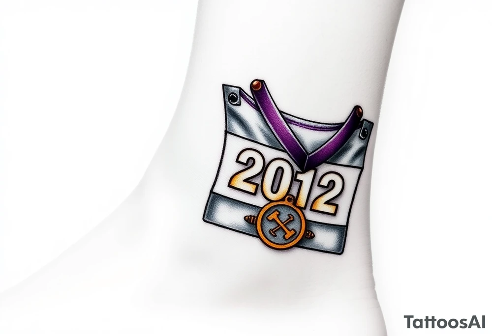 Running bib with 2012 with purple and gold and safety pins going through my skin. Running medal draped in with it tattoo idea