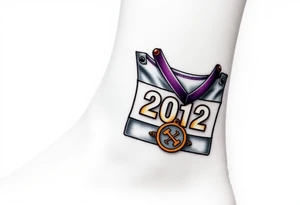 Running bib with 2012 with purple and gold and safety pins going through my skin. Running medal draped in with it tattoo idea
