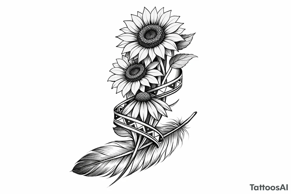 2 cascading sunflowers and a coneflower wrapped in simple Native American ribbon on top of a feather tattoo idea