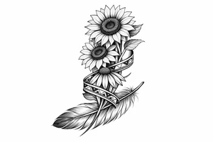 2 cascading sunflowers and a coneflower wrapped in simple Native American ribbon on top of a feather tattoo idea
