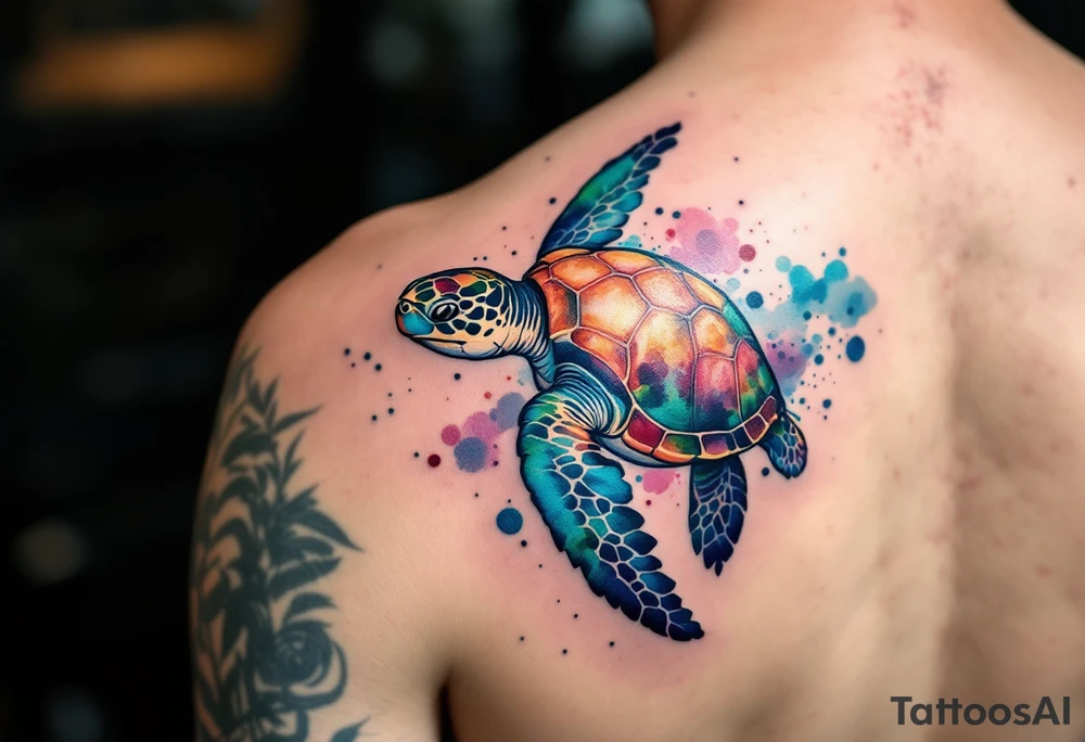 Sea turtle with watercolor background splashes tattoo idea