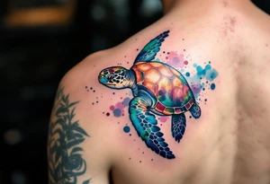 Sea turtle with watercolor background splashes tattoo idea