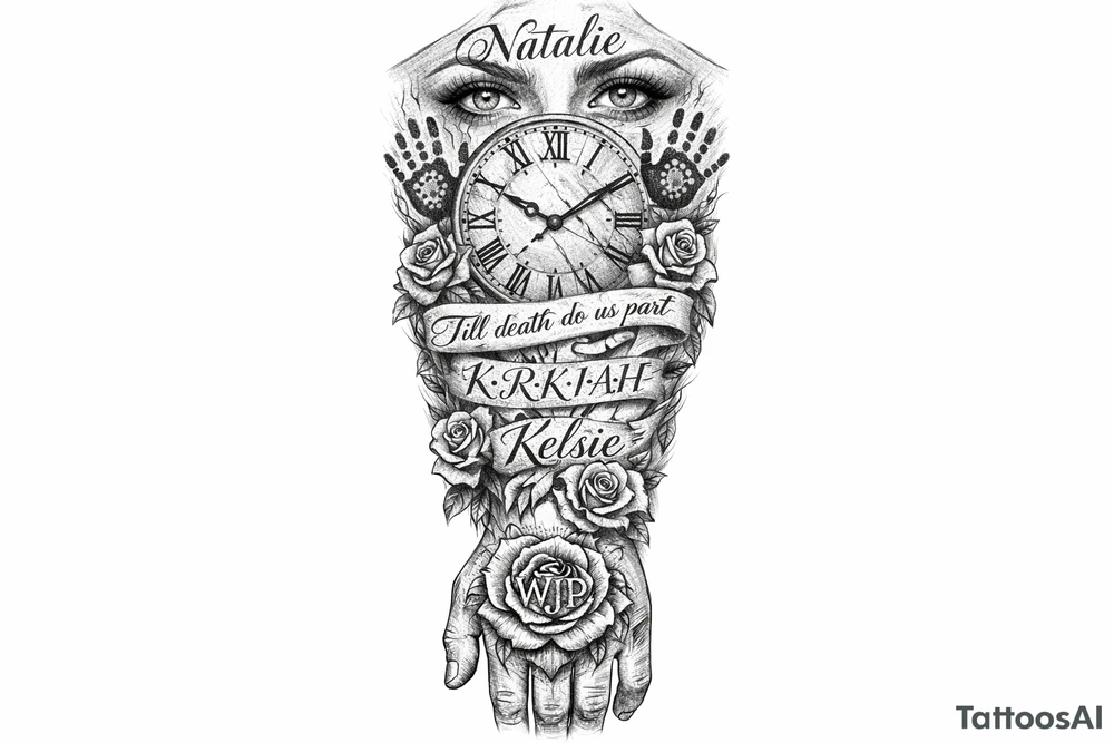 I'd like a full arm length tattoo with three names, Natalie, K-R-K-I-A-H, and Kelsey, K-E-L-S-I-E. I want a clock face, and my roses spread through the tattoo. I want the words, Till death do us part, written in there. I want Aboriginal handprints. I want a set of eyes. And on my hand, back of my hand, I want a rose with the letters WJP in it. tattoo idea