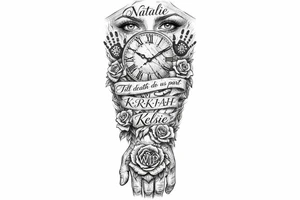 I'd like a full arm length tattoo with three names, Natalie, K-R-K-I-A-H, and Kelsey, K-E-L-S-I-E. I want a clock face, and my roses spread through the tattoo. I want the words, Till death do us part, written in there. I want Aboriginal handprints. I want a set of eyes. And on my hand, back of my hand, I want a rose with the letters WJP in it. tattoo idea