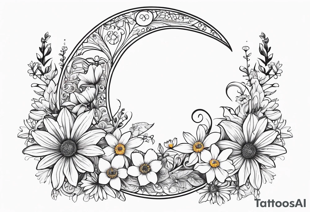 Crescent moon with daisy's, lily’s, crystals, and mushrooms tattoo idea