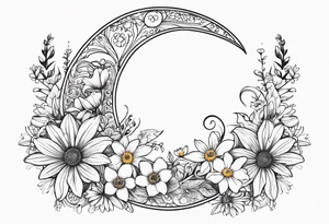 Crescent moon with daisy's, lily’s, crystals, and mushrooms tattoo idea