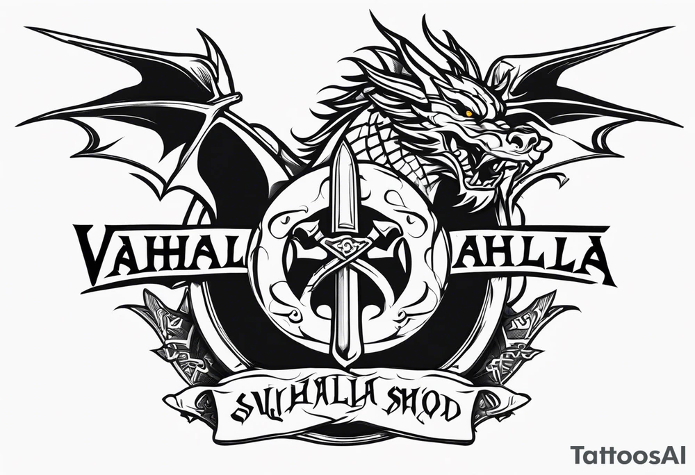 Valhalla sword shield dragon axe tattoo idea