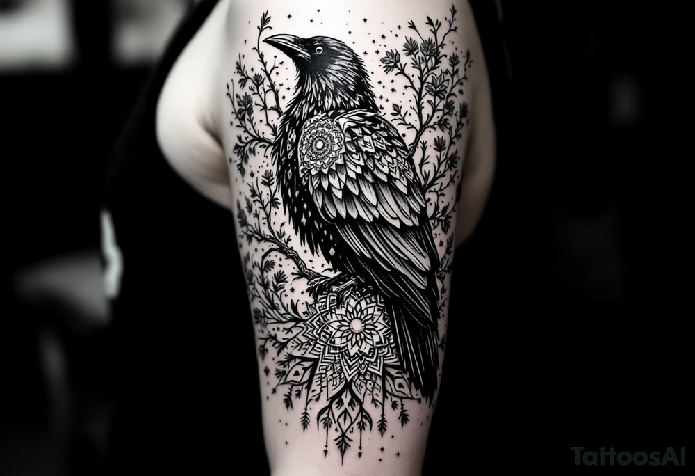 left arm tattoo of a raven on a branch surrounded by mandala tattoo idea