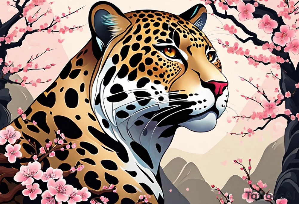 An irezumi style big cat, with the colour and pattern of a jaguar on the body of the big cat. It should be climbing upwards, with the head looking to the right. The background is a stylised cherry blossom tree with multiple shades of pink for the blossoms. The colours of the background are not dark, so that the jaguar stands out against the background. tattoo idea