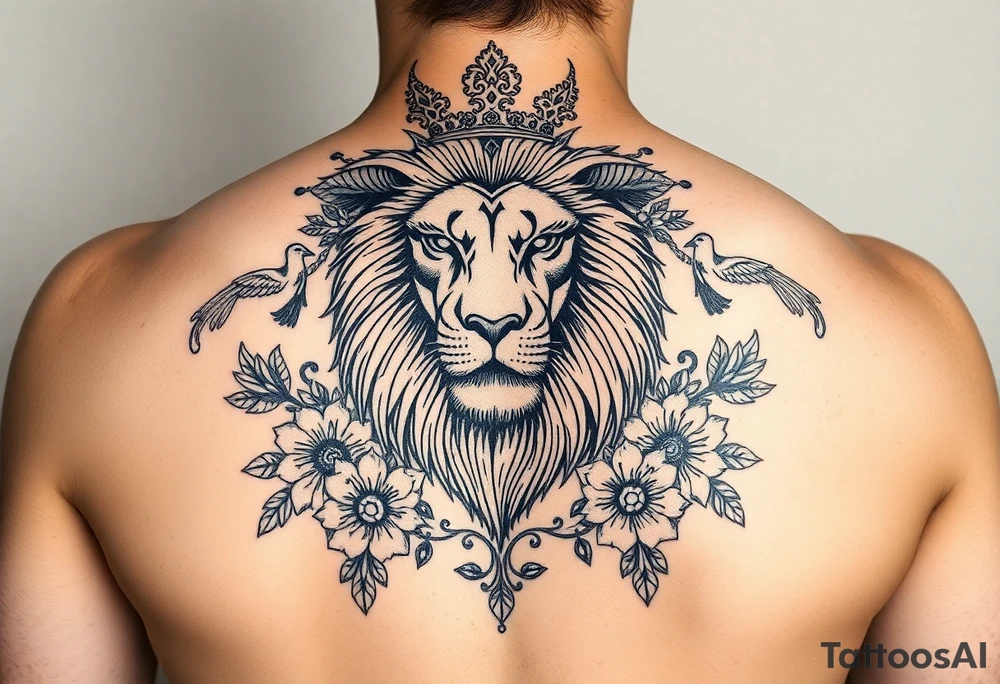 powerful majestic lion with a crown, surrounded by floral ornaments and birds tattoo idea