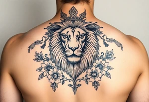 powerful majestic lion with a crown, surrounded by floral ornaments and birds tattoo idea