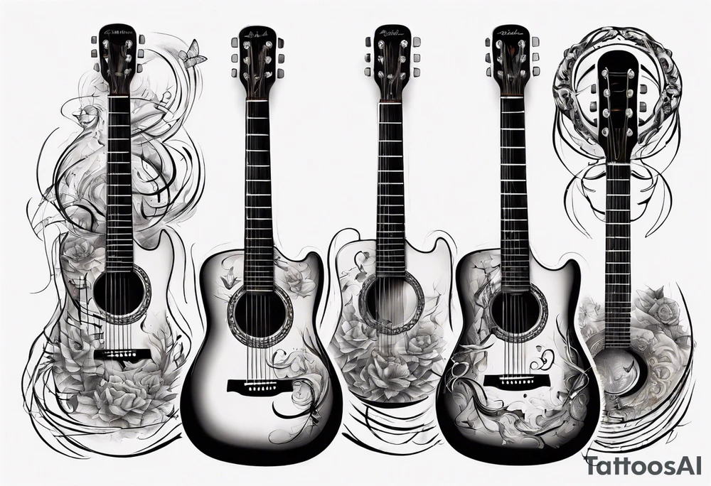 Acoustic Guitar neck with strings made of signatures emerging from skin tattoo idea