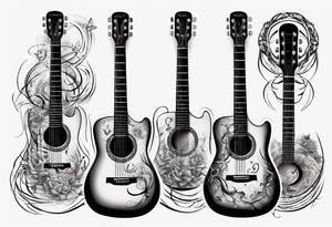 Acoustic Guitar neck with strings made of signatures emerging from skin tattoo idea