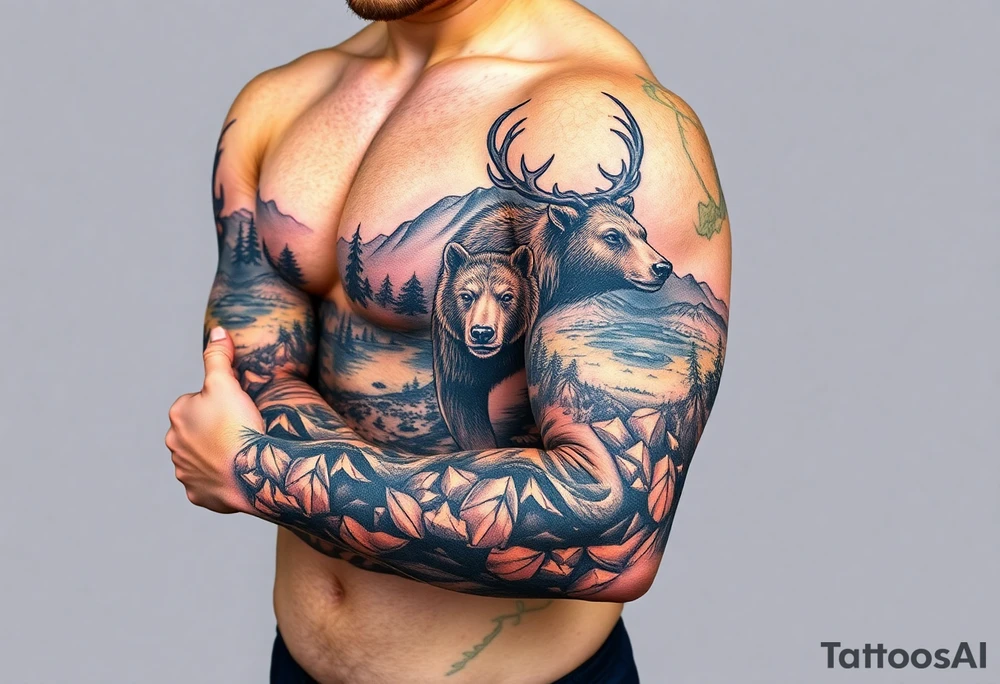 A full-sleeve with the Härjedalen landscape, reindeer, bear, lakes, tattoo idea