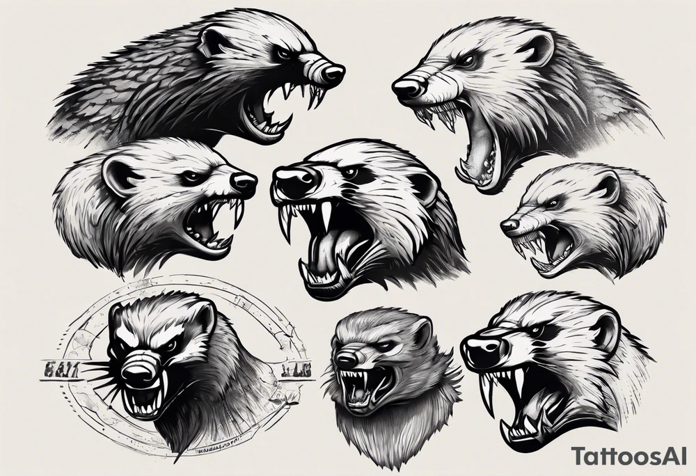 Angry, snarling, detailed honey badger facing in front tattoo idea