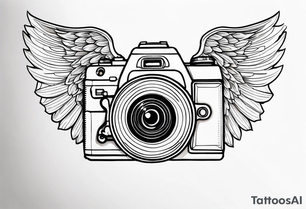 Camera at angle with angel wings tattoo idea