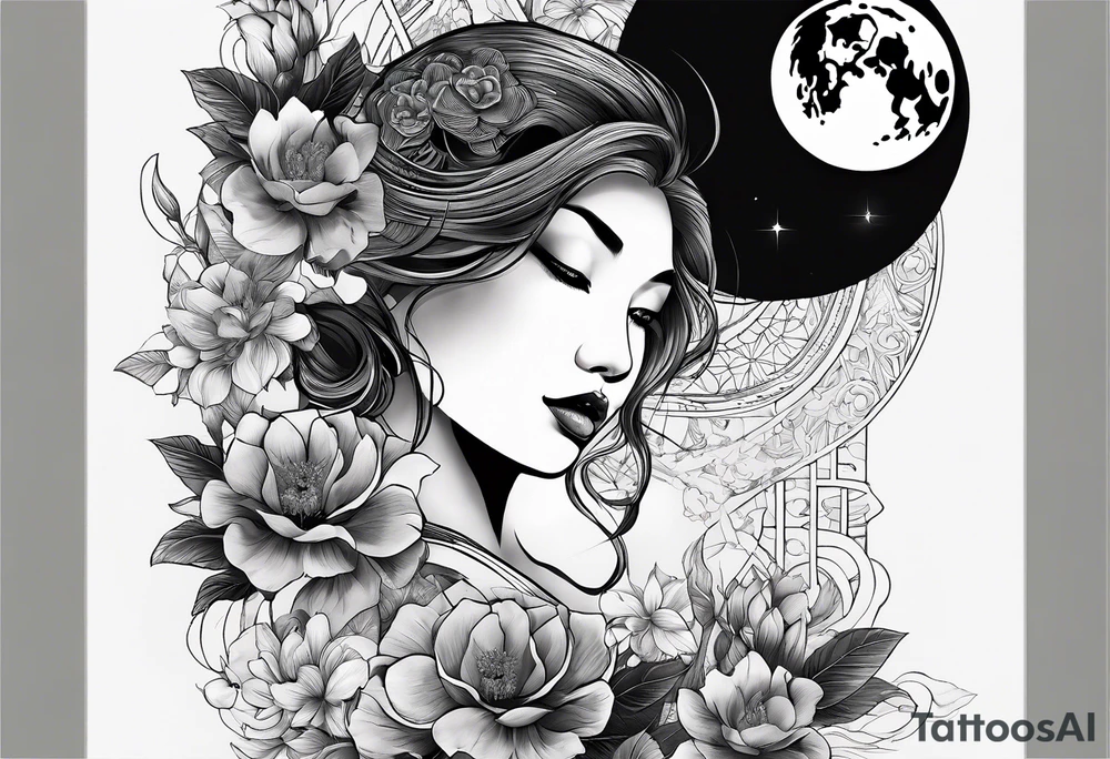 Very asymmetrical, +geometric pattern, with realistic full moon, with hippo head looking back ,
with wintersweet flower bud, +portrait orientation, +inkart touch, tattoo idea