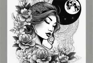 Very asymmetrical, +geometric pattern, with realistic full moon, with hippo head looking back ,
with wintersweet flower bud, +portrait orientation, +inkart touch, tattoo idea