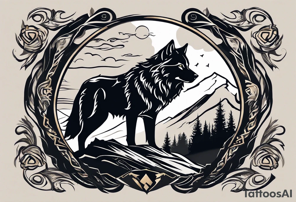 tattoo of a lone wolf navigating through a rugged landscape, with each obstacle representing a life battle – rocky terrain symbolizing challenges, storm clouds signifying hardships, and wild rivers representing struggles. The wolf is depicted with piercing eyes and a determined expression, embodying resilience and strength as it forges ahead. In the background, a subtle glow of sunlight breaks through the clouds, symbolizing hope and perseverance. Alongside the wolf, the phrase "Endure and Conquer" is inscribed in bold, minimalist lettering, encapsulating the theme of overcoming adversity with resilience and determination. tattoo idea