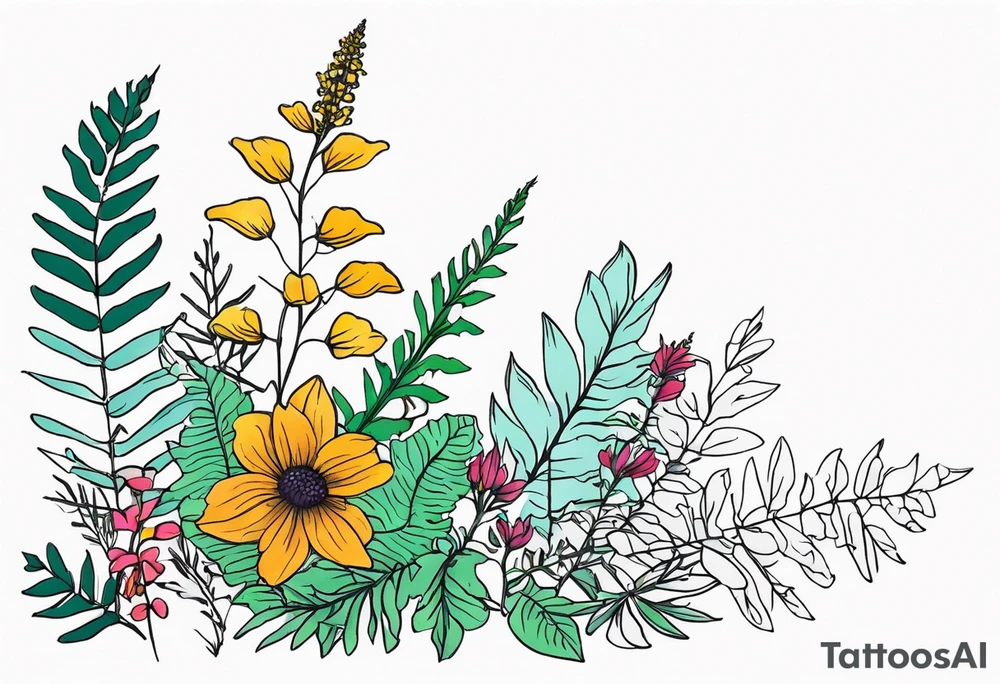 saturated mixed wildflower with ferns and with color tattoo idea