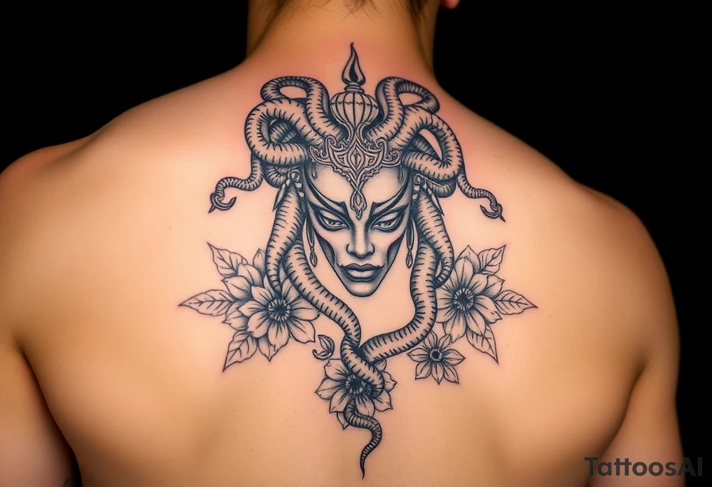 African American Medusa with snakes and flowers tattoo idea