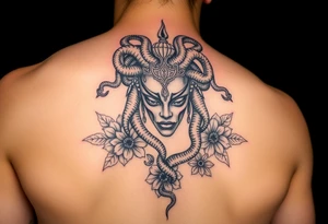 African American Medusa with snakes and flowers tattoo idea