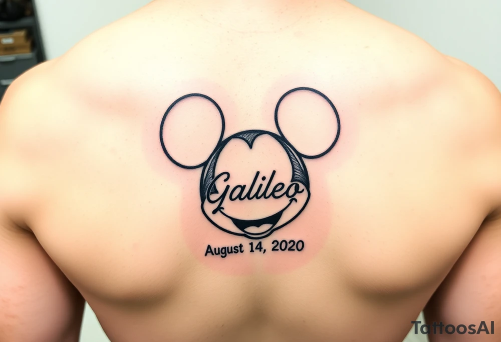 mickey mouse symbol with the name Galileo and the date August 14,2020, incorporated tattoo idea