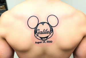 mickey mouse symbol with the name Galileo and the date August 14,2020, incorporated tattoo idea