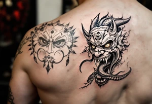 Purépecha style tattoo integrating with oni mask with a snake in its mouth tattoo idea