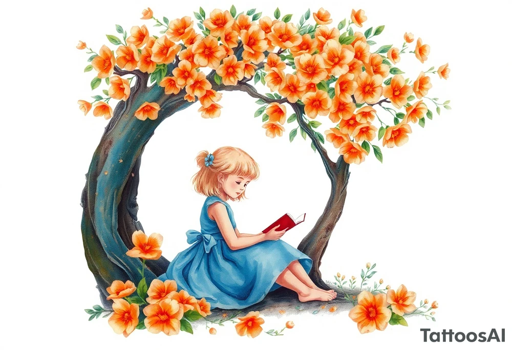 An orange tree full of flowers, a little blond girl wearing a blue dress sitting under it while reading. 


. tattoo idea
