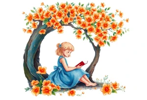 An orange tree full of flowers, a little blond girl wearing a blue dress sitting under it while reading. 


. tattoo idea