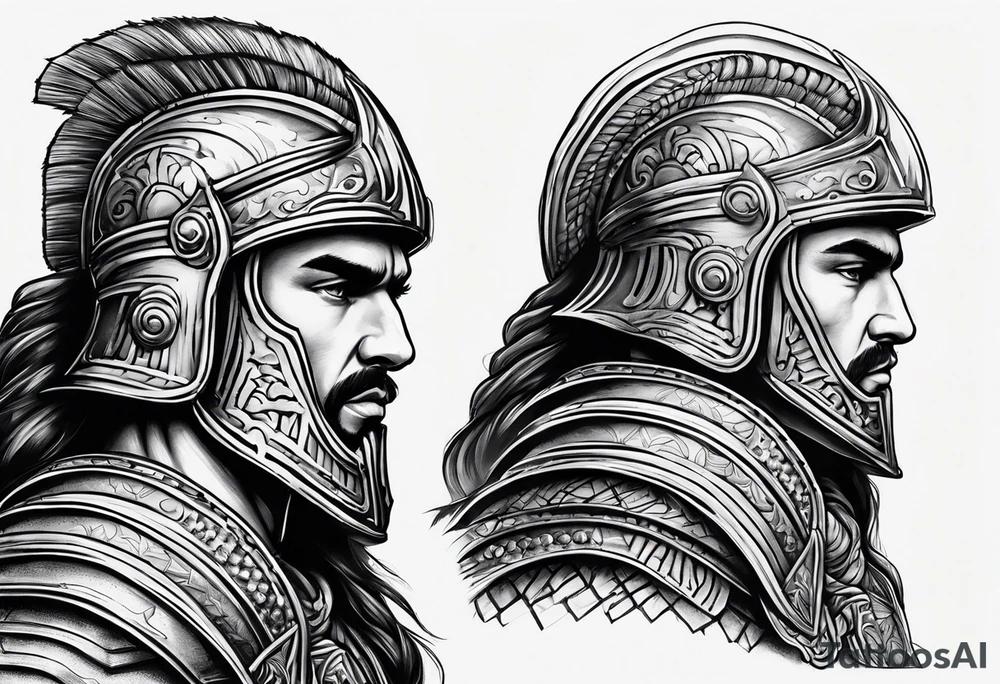 Spanish warrior with helmet and facing forward, needs to blend in a large barcode on the top, so helmet or banner should blend that in. tattoo idea