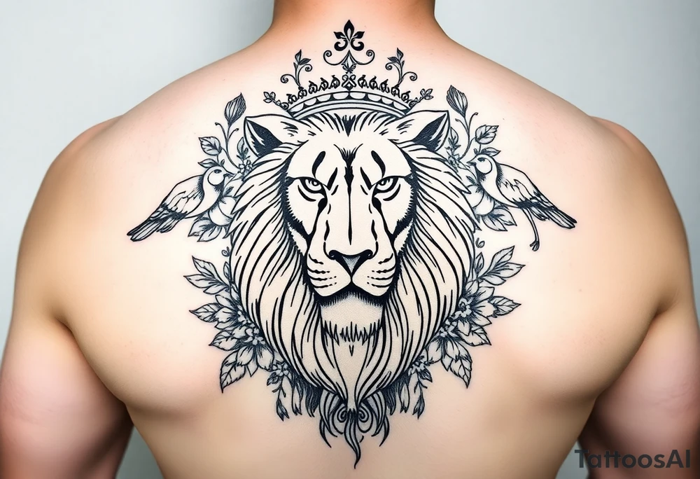 powerful majestic lion with a crown, surrounded by floral ornaments and birds tattoo idea