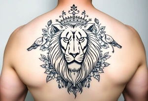 powerful majestic lion with a crown, surrounded by floral ornaments and birds tattoo idea