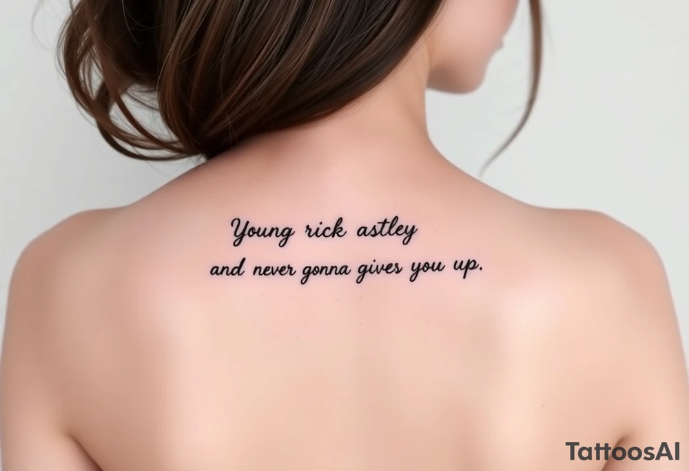 Young Rick Astley Dance and Never Gonna Give You Up text tattoo idea
