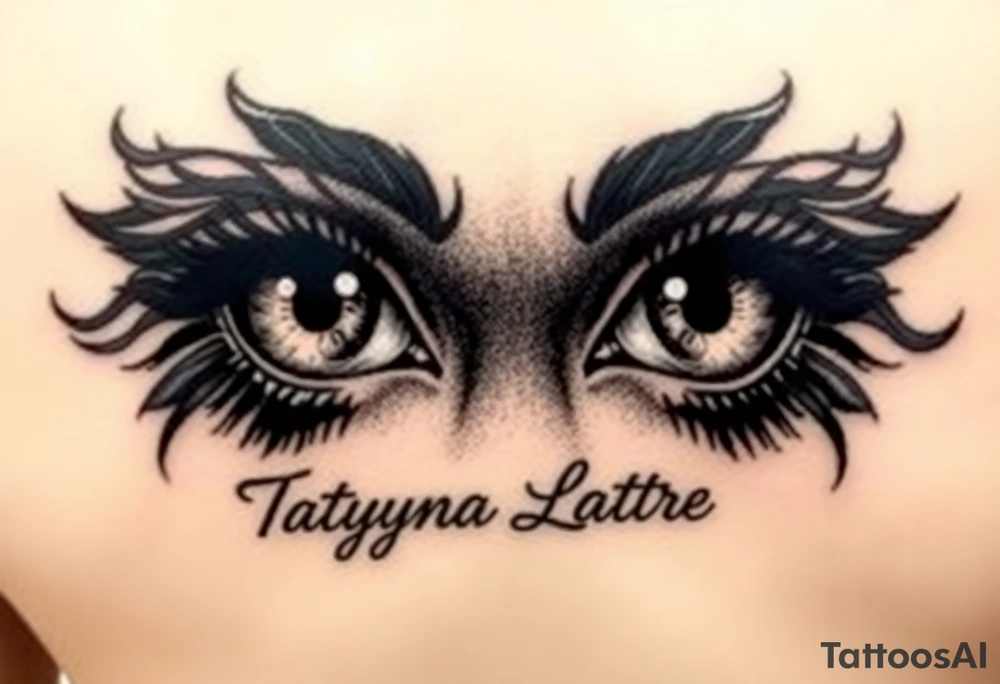 Draw a tattoo of eyes with Tatyana Latre written in fine print tattoo idea
