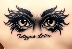 Draw a tattoo of eyes with Tatyana Latre written in fine print tattoo idea
