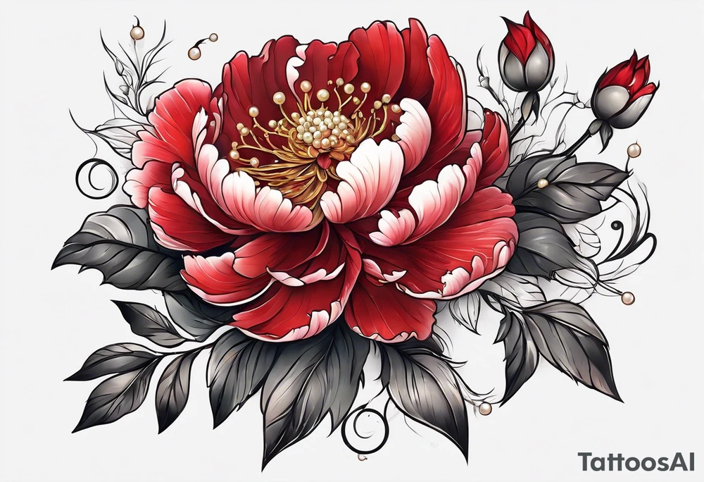 Red peony with dangling pearl necklace with rabbit on top tattoo idea