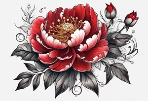 Red peony with dangling pearl necklace with rabbit on top tattoo idea