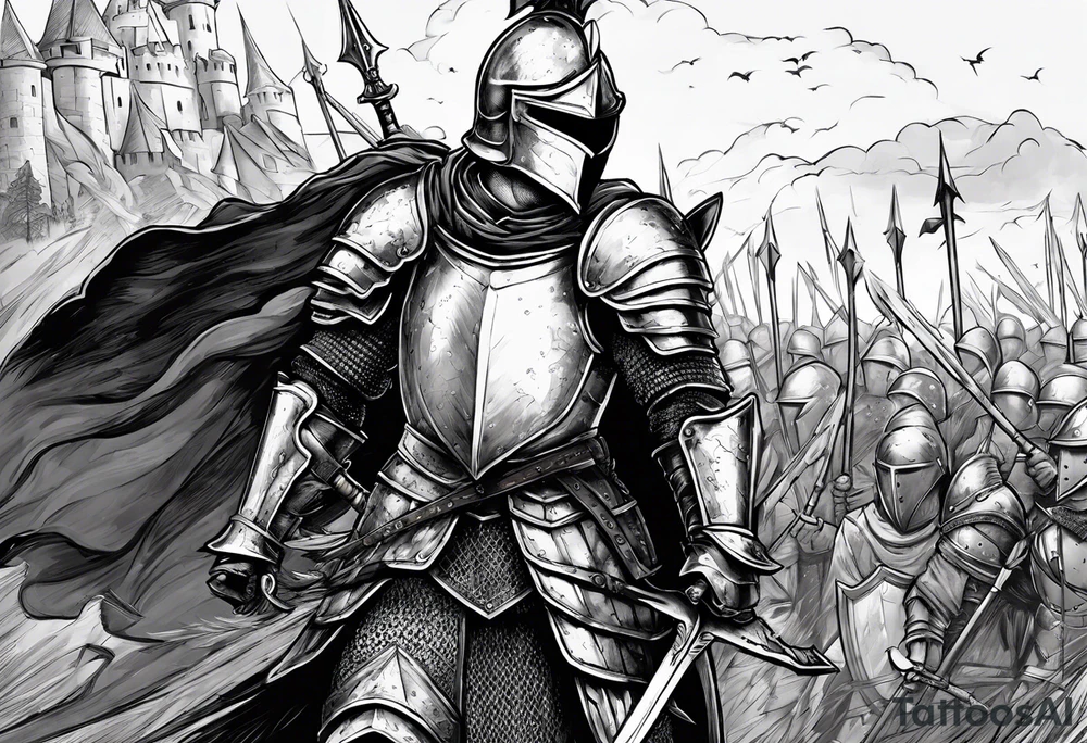 A knight in armor except the helmet on the brink of death pierced with arrows propping himself up with his sword on a seemingly bleak battlefield while still looking up with hope tattoo idea