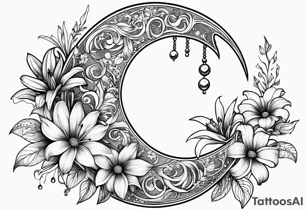 Crescent moon with daisy's, lily’s, crystals, and mushrooms tattoo idea