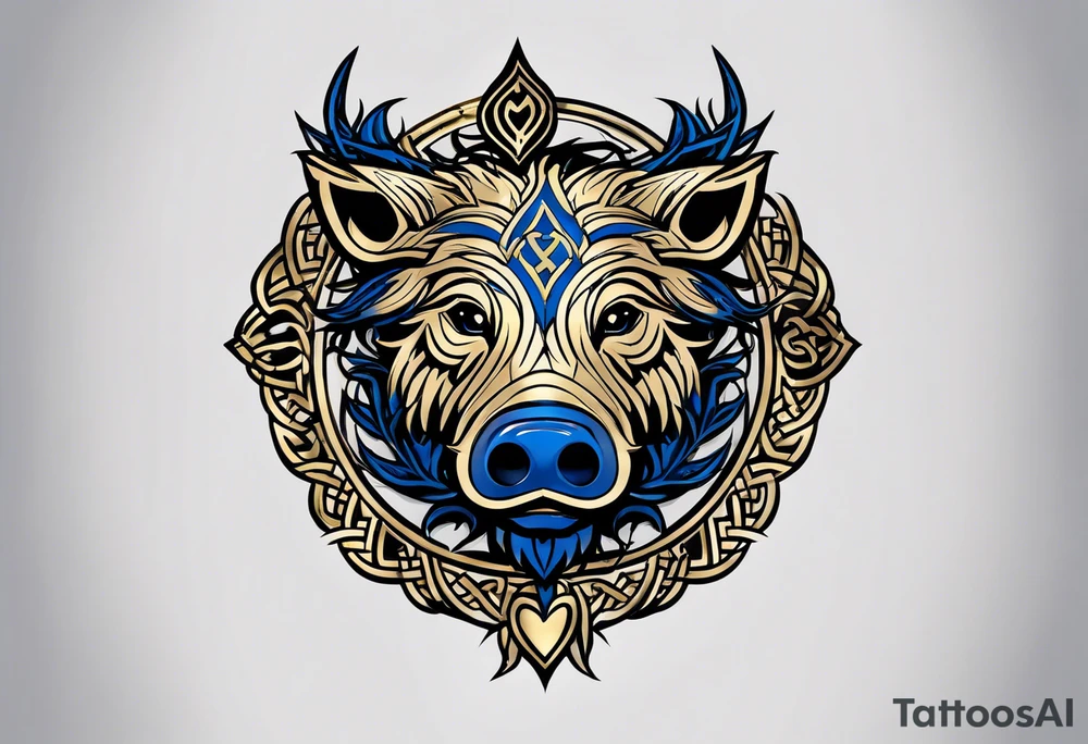 A classic tribal Celtic boar Integrated with a Chatwin, family crest and a Thistle. Simple with few lines. Blue and gold Chevron Chatwin family crest With the name, Chatwin and a Thistle tattoo idea