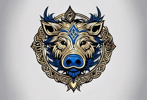 A classic tribal Celtic boar Integrated with a Chatwin, family crest and a Thistle. Simple with few lines. Blue and gold Chevron Chatwin family crest With the name, Chatwin and a Thistle tattoo idea
