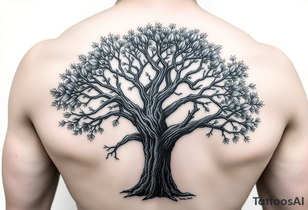 Live oak Tree with bark and leaves tattoo idea