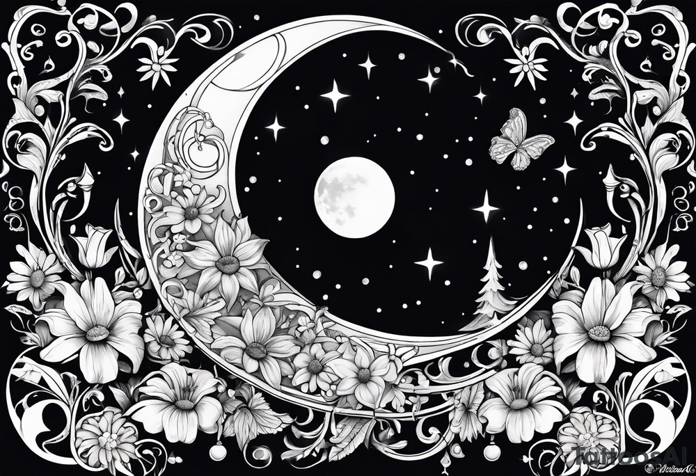 moon with daisy's, lily’s, crystals, and mushrooms tattoo idea